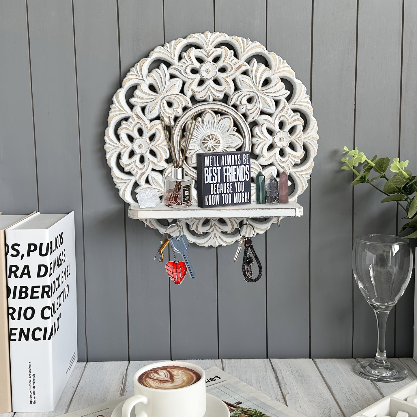 1pc Rustic Whitewashed Wood Wall Shelves with 5 Metal Hooks