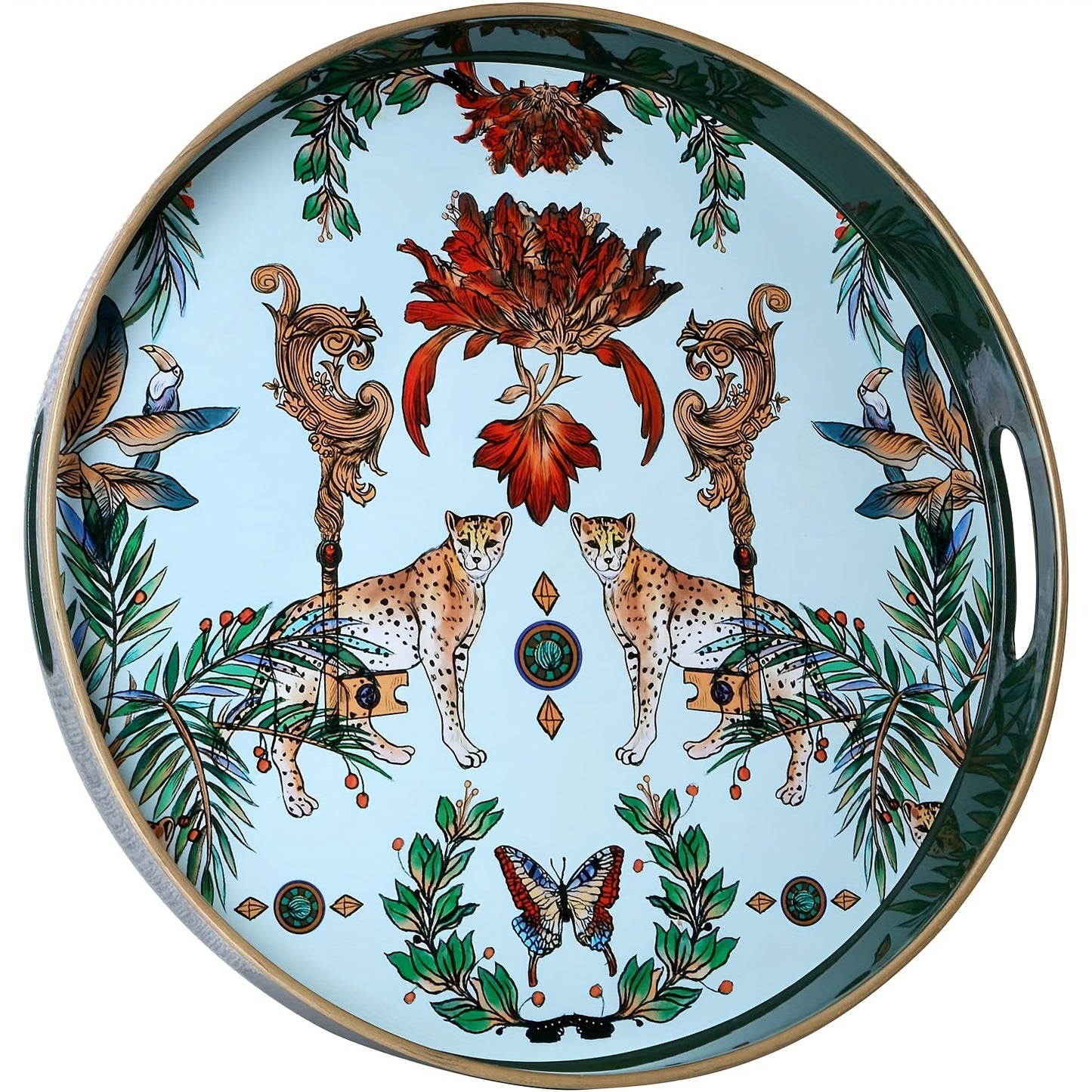 1pc Small Sculpture Decoration, Jungle Leopard Round Decorative Tray, Marbling Plastic Tray With Handles, Modern Vanity Tray And Serving Tray For Ottoman, Coffee Table, Kitchen And Bathroom, 13"