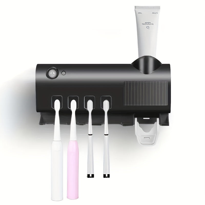 1pc Wall-Mounted Toothbrush Holder with 4 Slots, Smart Toothpaste Dispenser