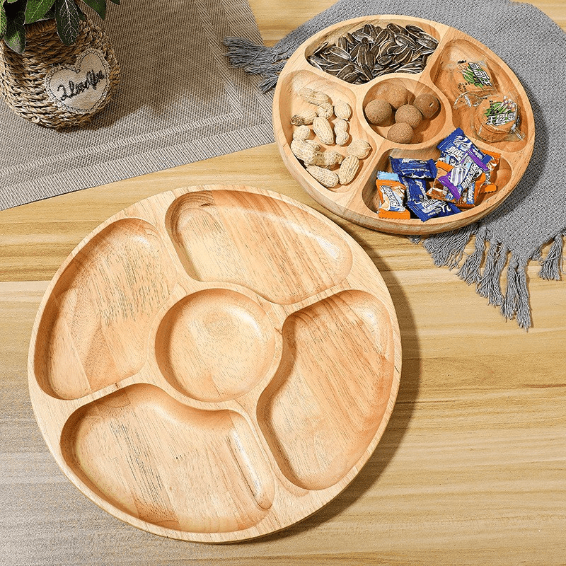 1pc, Wooden Plate Cheese Board, Five Grids Dividers Food Tray