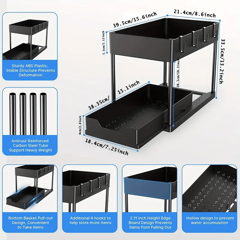1pc Under Sink Storage Organizer - Bathroom Kitchen Cabinet Organizer with Sliding Drawer, 2-Tier Basket