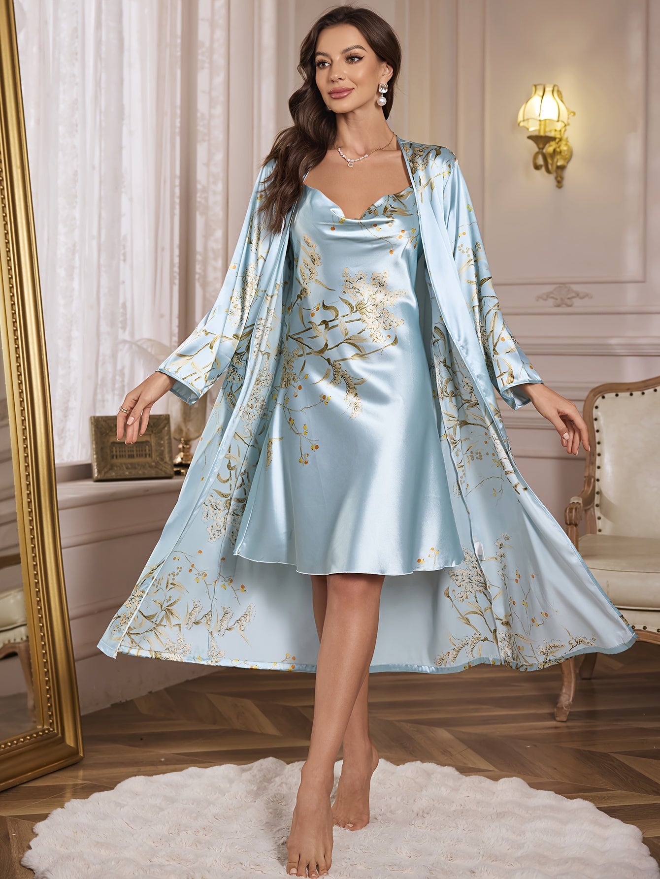 Vintage-inspired Elegant Cherry Blossom Print Women's Sleepwear Set