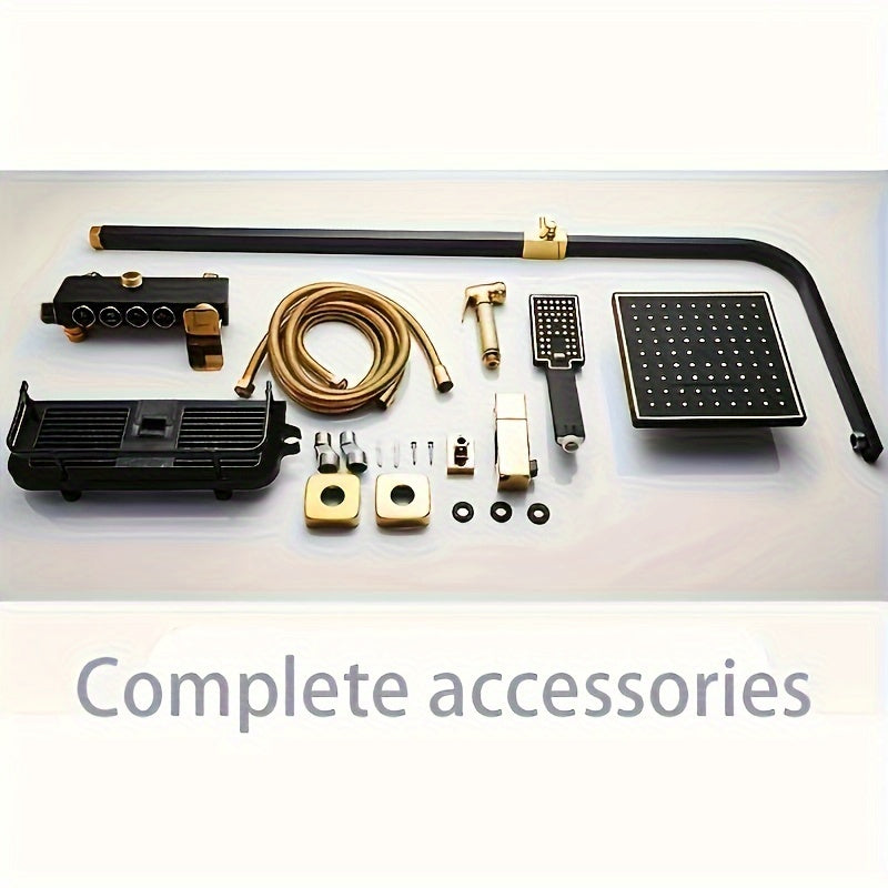 Luxury Black & Golden Shower System - 8'' Rainfall Head, Handheld Spray, 4-Function Tub Faucet