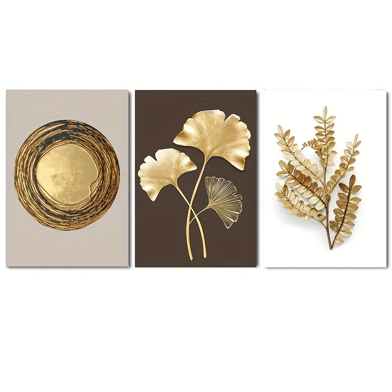 3pcs Modern Luxury Circle Golden Leaf Wall Art, Printed Canvas Decorative Picture, Poster For Living Room Bedroom Office Decor, Home Decor Gift, No Frame