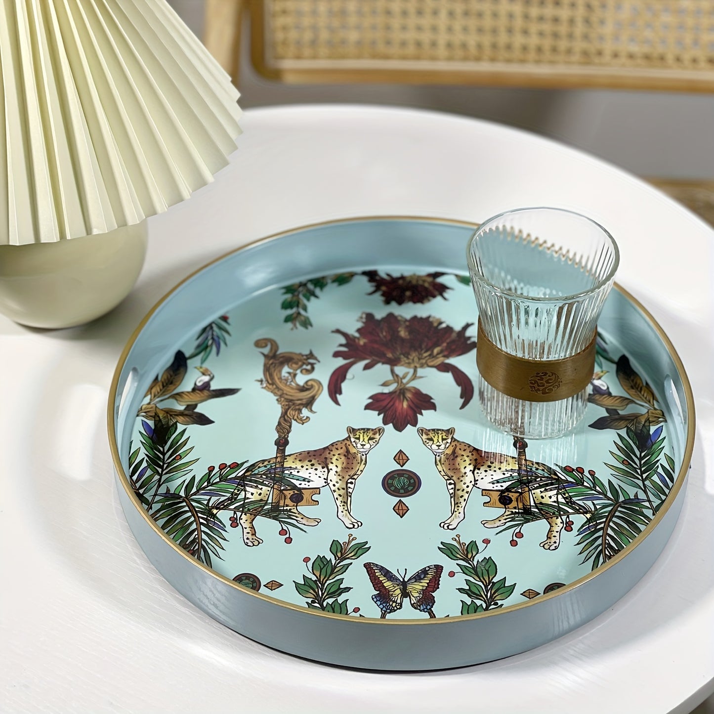 1pc Small Sculpture Decoration, Jungle Leopard Round Decorative Tray, Marbling Plastic Tray With Handles, Modern Vanity Tray And Serving Tray For Ottoman, Coffee Table, Kitchen And Bathroom, 13"