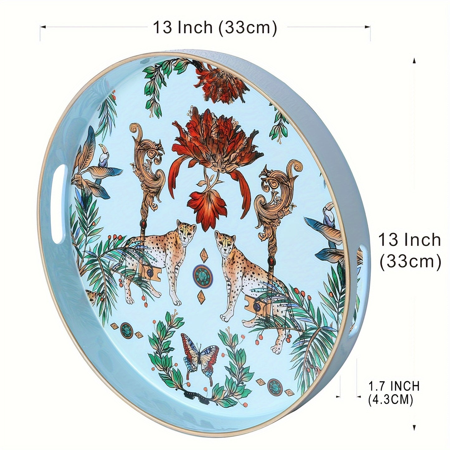 1pc Small Sculpture Decoration, Jungle Leopard Round Decorative Tray, Marbling Plastic Tray With Handles, Modern Vanity Tray And Serving Tray For Ottoman, Coffee Table, Kitchen And Bathroom, 13"