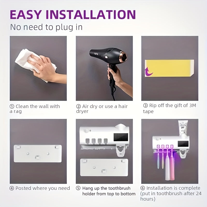 1pc Wall-Mounted Toothbrush Holder with 4 Slots, Smart Toothpaste Dispenser