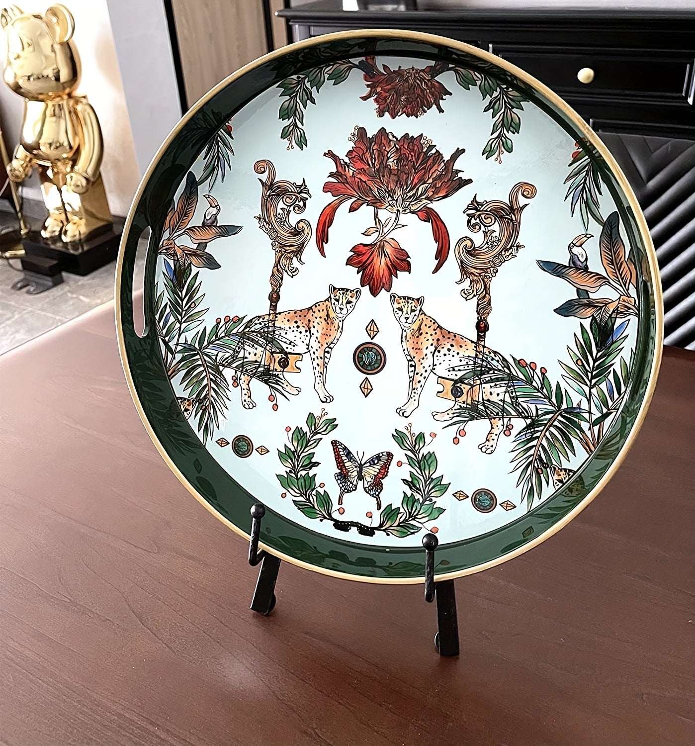 1pc Small Sculpture Decoration, Jungle Leopard Round Decorative Tray, Marbling Plastic Tray With Handles, Modern Vanity Tray And Serving Tray For Ottoman, Coffee Table, Kitchen And Bathroom, 13"