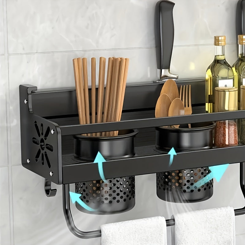 1pc Kitchen Wall-mounted Spice Storage Rack with Hooks, Hanging Tableware & Utensil Holders
