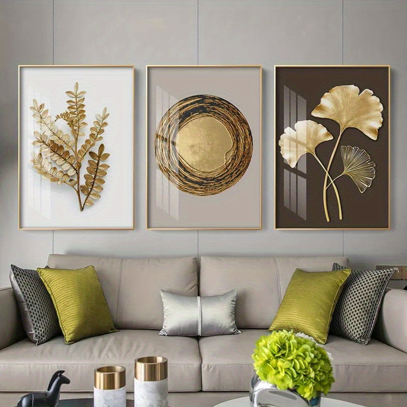 3pcs Modern Luxury Circle Golden Leaf Wall Art, Printed Canvas Decorative Picture, Poster For Living Room Bedroom Office Decor, Home Decor Gift, No Frame