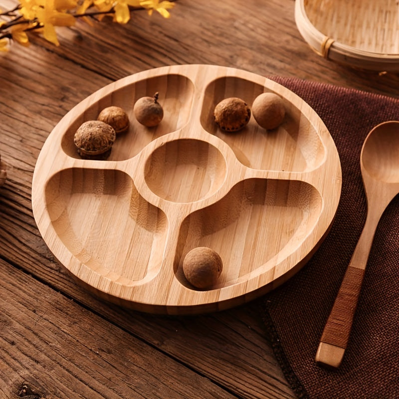 1pc, Wooden Plate Cheese Board, Five Grids Dividers Food Tray