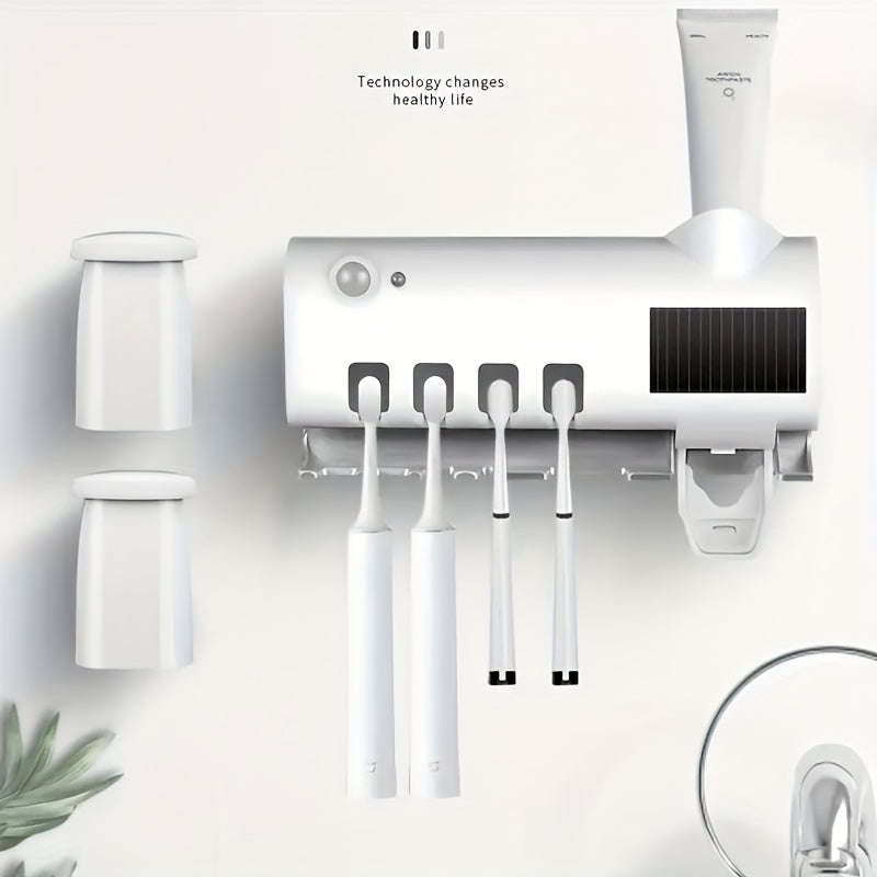 1pc Wall-Mounted Toothbrush Holder with 4 Slots, Smart Toothpaste Dispenser