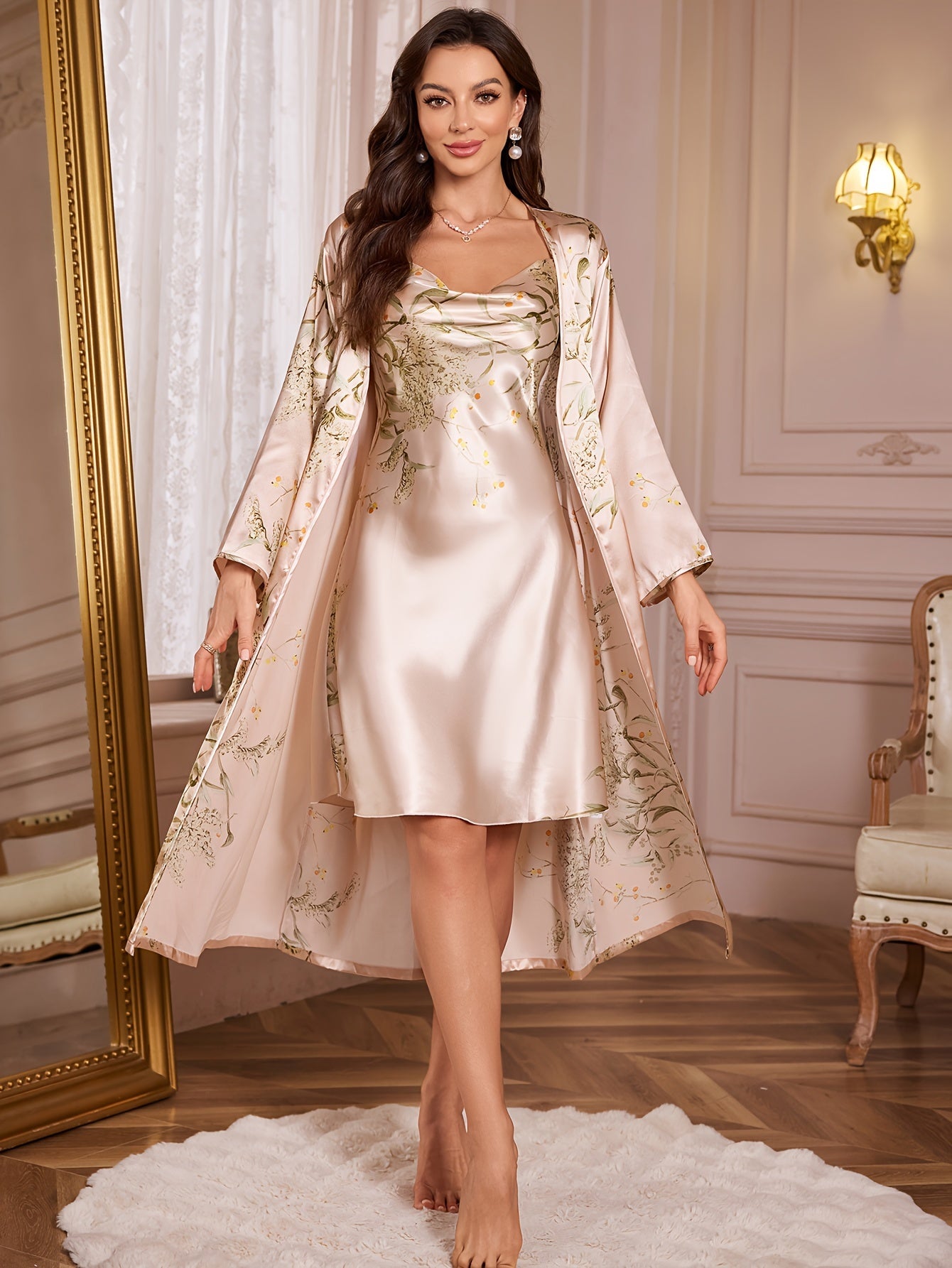 Vintage-inspired Elegant Cherry Blossom Print Women's Sleepwear Set