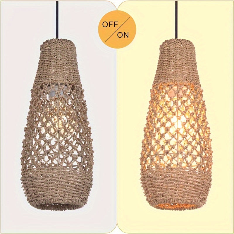 1pc Boho Rattan Hanging Light, Mini Farmhouse Natural Chandelier, Kitchen Island Vintage Wicker Hanging Light
