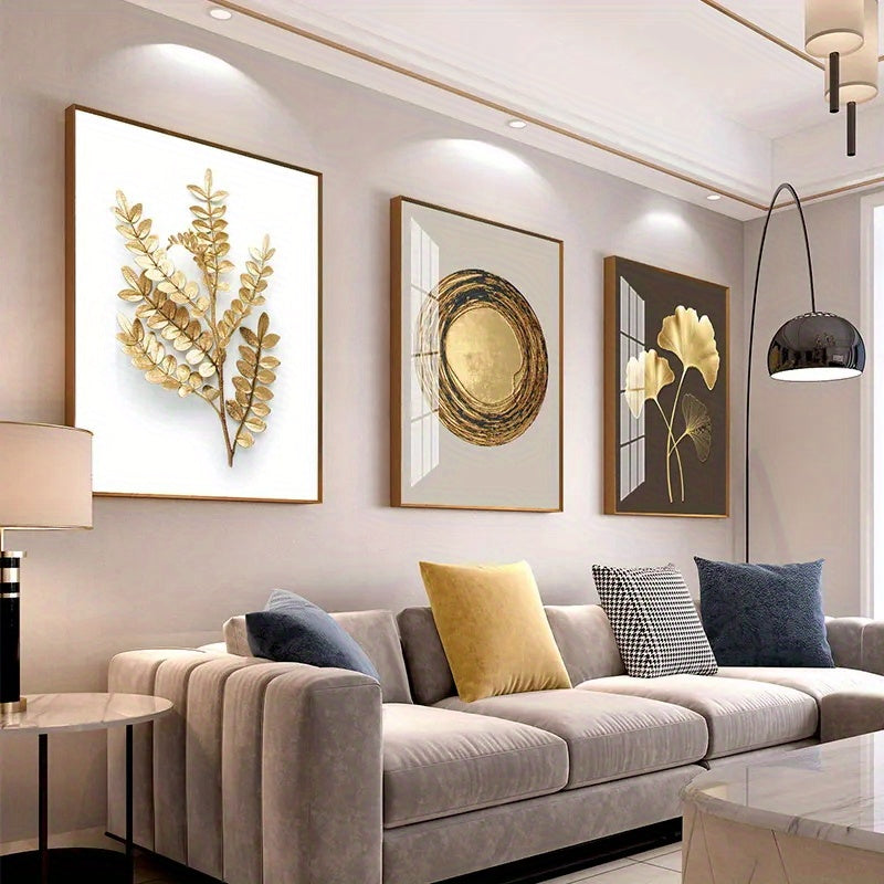 3pcs Modern Luxury Circle Golden Leaf Wall Art, Printed Canvas Decorative Picture, Poster For Living Room Bedroom Office Decor, Home Decor Gift, No Frame