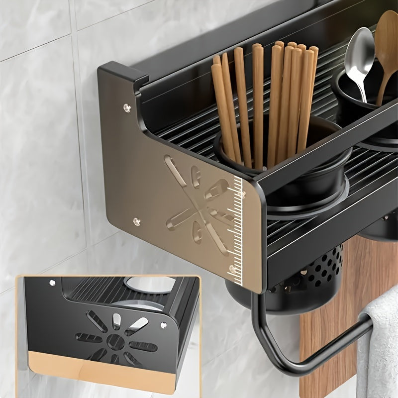 1pc Kitchen Wall-mounted Spice Storage Rack with Hooks, Hanging Tableware & Utensil Holders