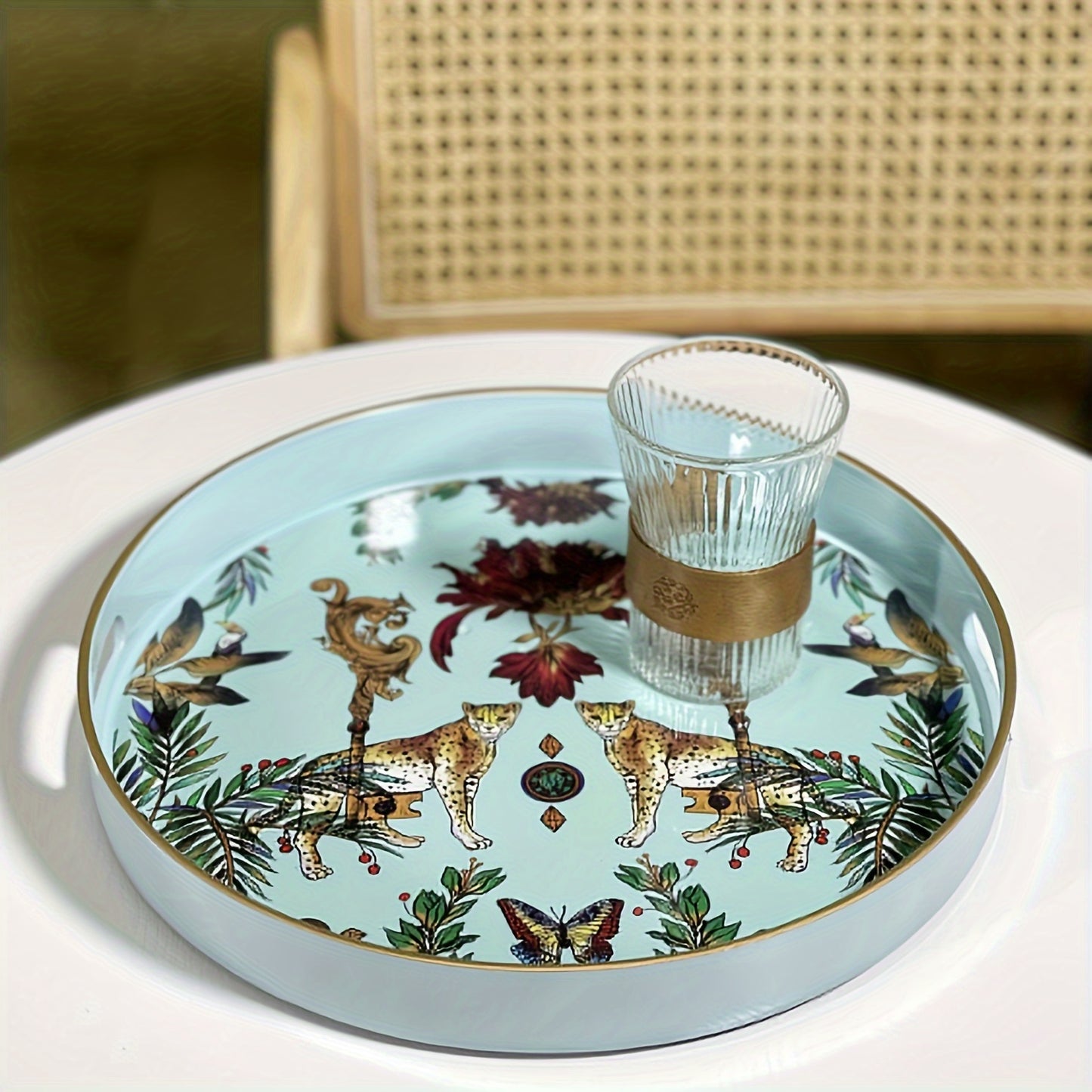 1pc Small Sculpture Decoration, Jungle Leopard Round Decorative Tray, Marbling Plastic Tray With Handles, Modern Vanity Tray And Serving Tray For Ottoman, Coffee Table, Kitchen And Bathroom, 13"