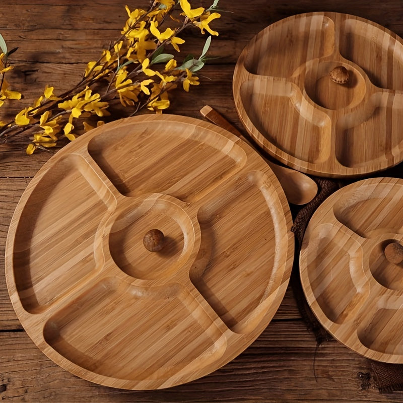 1pc, Wooden Plate Cheese Board, Five Grids Dividers Food Tray