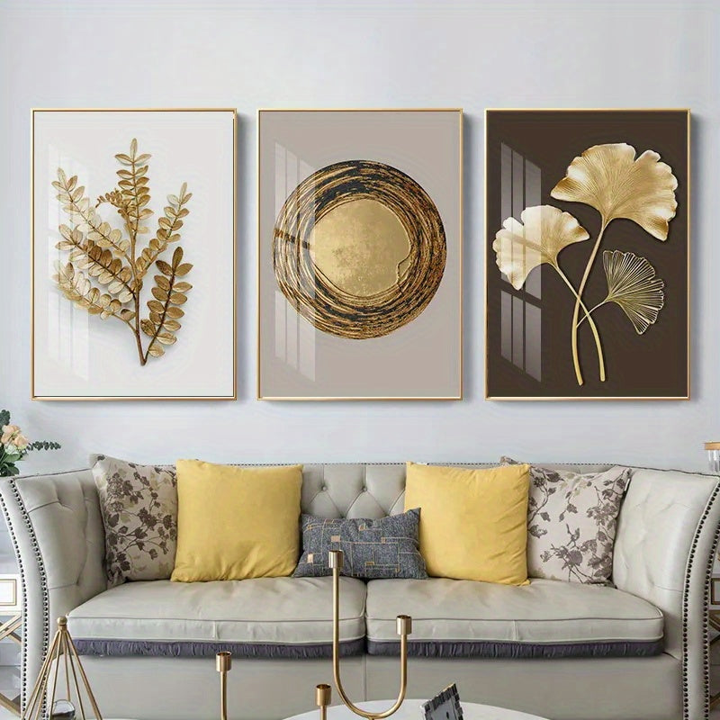 3pcs Modern Luxury Circle Golden Leaf Wall Art, Printed Canvas Decorative Picture, Poster For Living Room Bedroom Office Decor, Home Decor Gift, No Frame