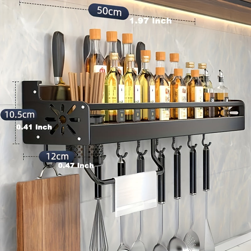 1pc Kitchen Wall-mounted Spice Storage Rack with Hooks, Hanging Tableware & Utensil Holders