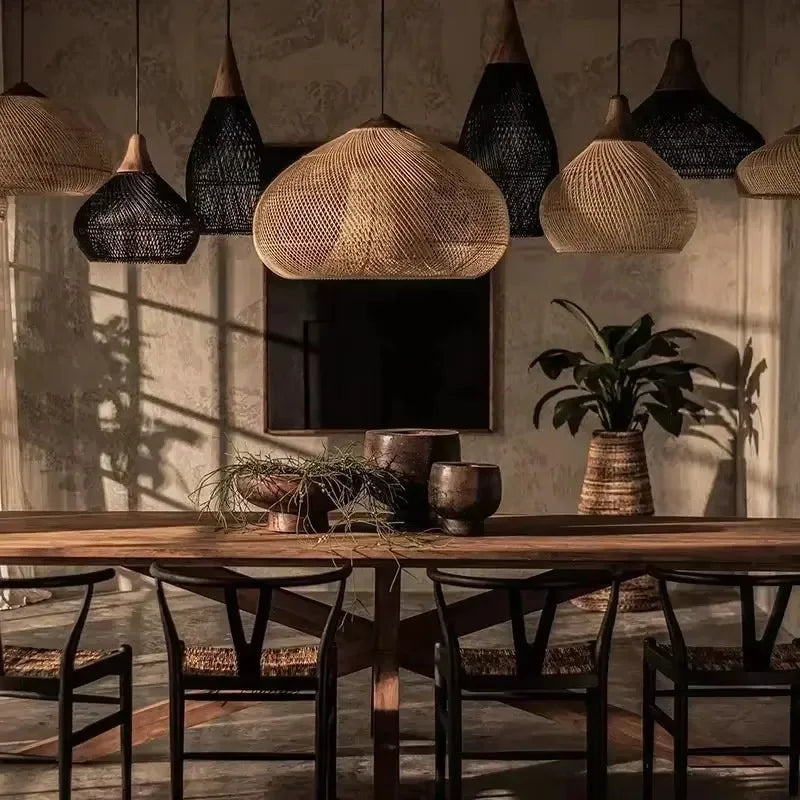 Southeast Asian Handmade Knit Bamboo and Rattan Lamp