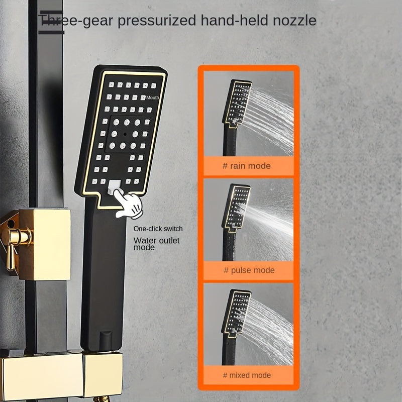 Luxury Black & Golden Shower System - 8'' Rainfall Head, Handheld Spray, 4-Function Tub Faucet