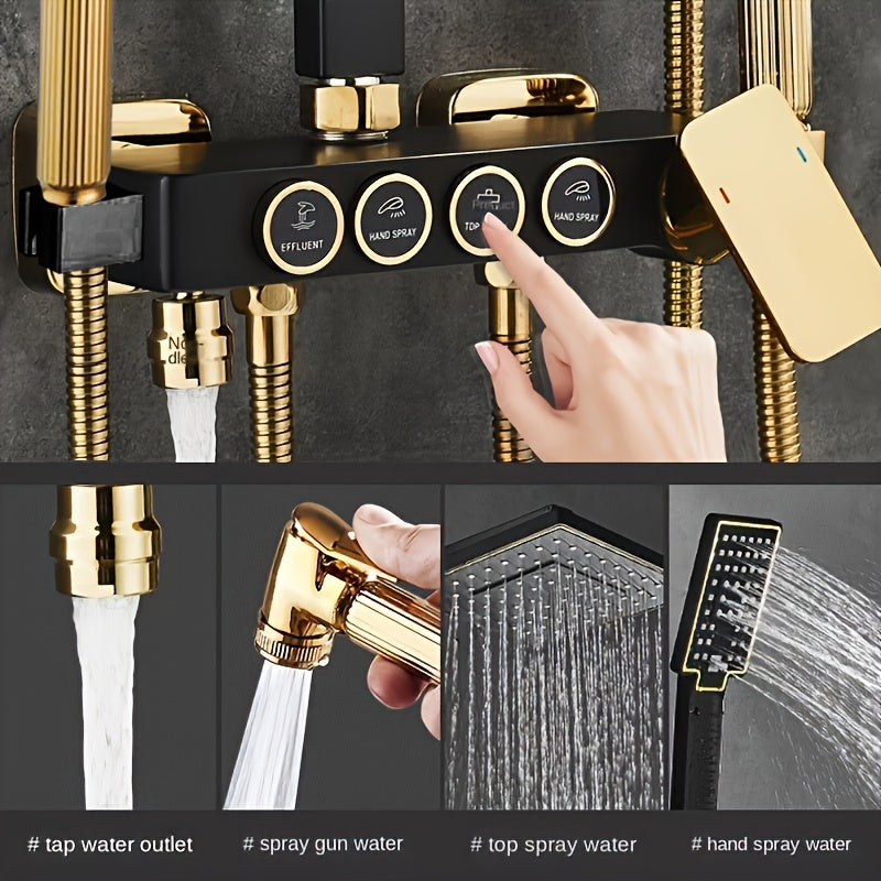 Luxury Black & Golden Shower System - 8'' Rainfall Head, Handheld Spray, 4-Function Tub Faucet