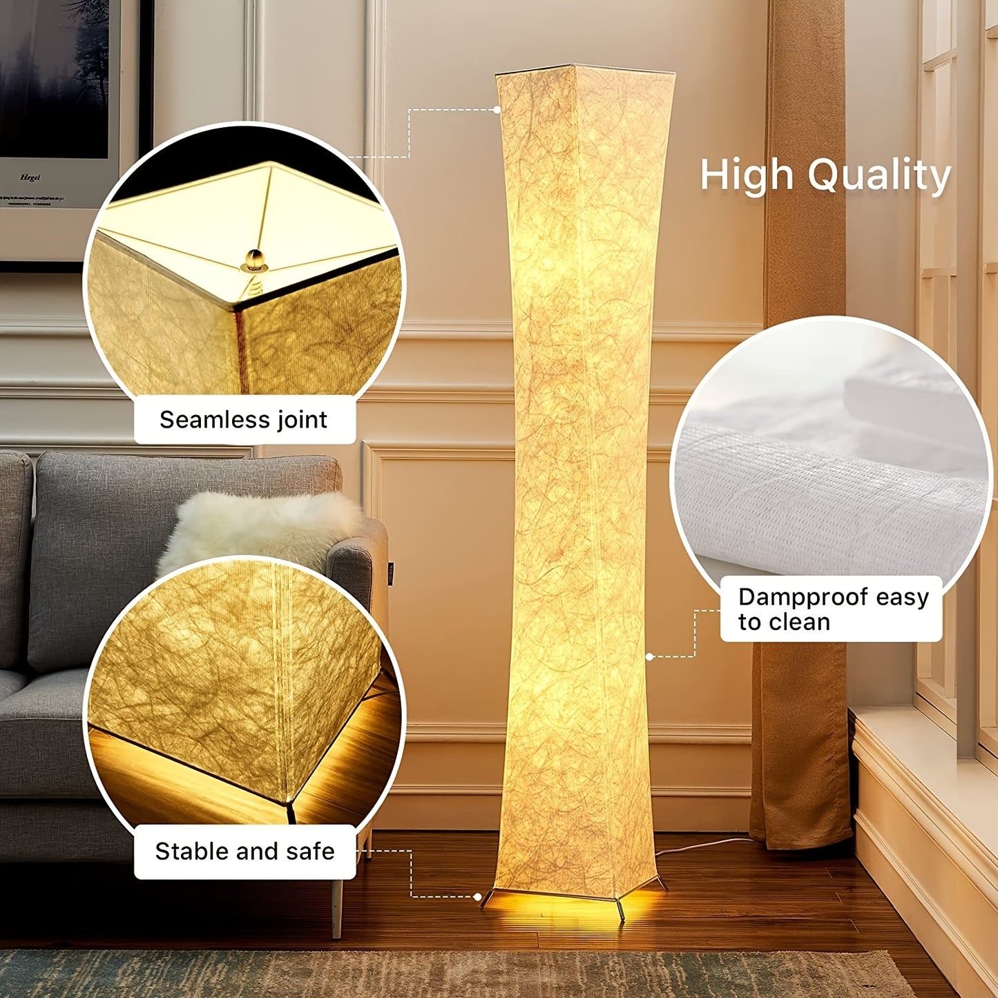 52" Tyvek Fabric Shade Soft Light Floor Lamp, Simple Design Morden Slim Warm 3000K LED Standing Lamp