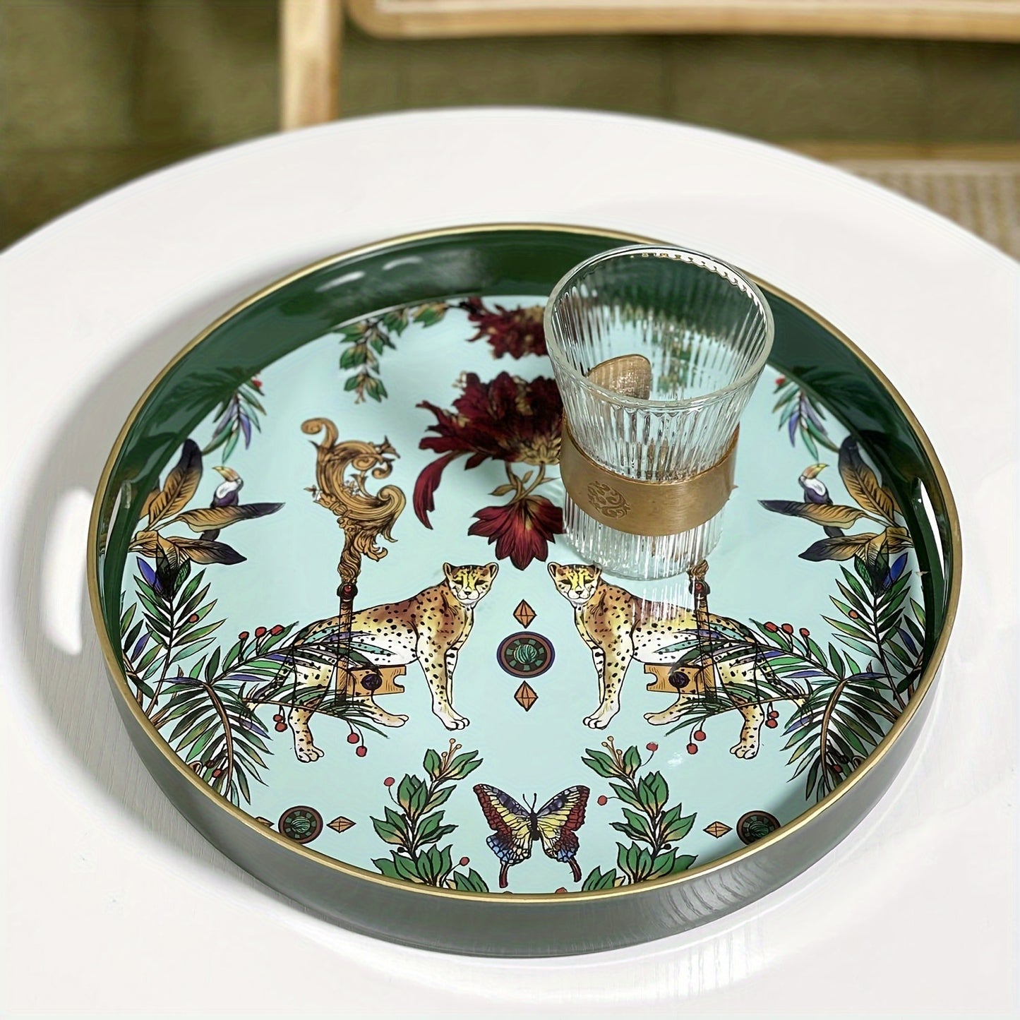 1pc Small Sculpture Decoration, Jungle Leopard Round Decorative Tray, Marbling Plastic Tray With Handles, Modern Vanity Tray And Serving Tray For Ottoman, Coffee Table, Kitchen And Bathroom, 13"