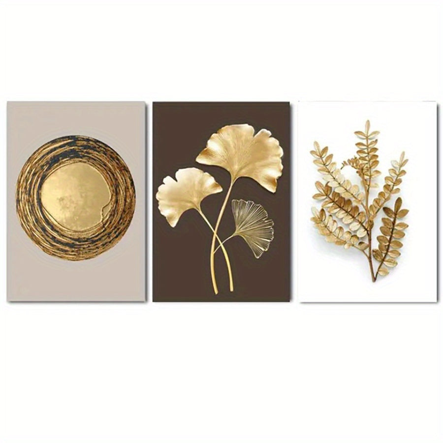 3pcs Modern Luxury Circle Golden Leaf Wall Art, Printed Canvas Decorative Picture, Poster For Living Room Bedroom Office Decor, Home Decor Gift, No Frame