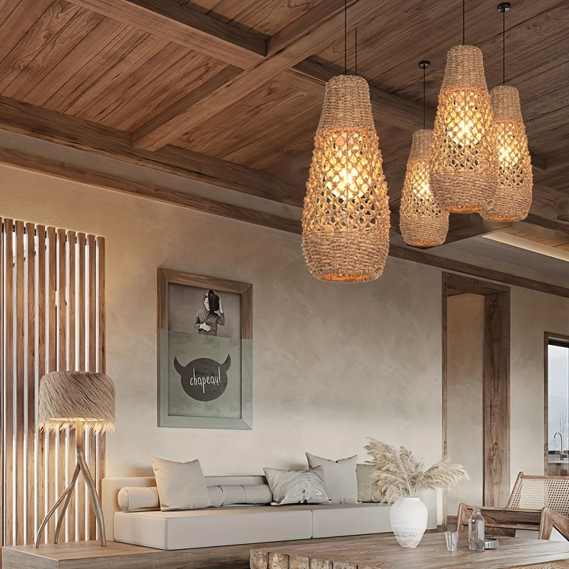 1pc Boho Rattan Hanging Light, Mini Farmhouse Natural Chandelier, Kitchen Island Vintage Wicker Hanging Light