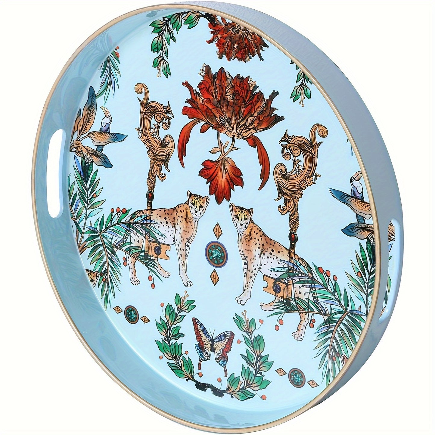 1pc Small Sculpture Decoration, Jungle Leopard Round Decorative Tray, Marbling Plastic Tray With Handles, Modern Vanity Tray And Serving Tray For Ottoman, Coffee Table, Kitchen And Bathroom, 13"