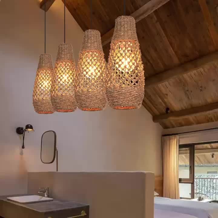 1pc Boho Rattan Hanging Light, Mini Farmhouse Natural Chandelier, Kitchen Island Vintage Wicker Hanging Light