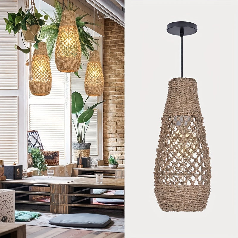 1pc Boho Rattan Hanging Light, Mini Farmhouse Natural Chandelier, Kitchen Island Vintage Wicker Hanging Light
