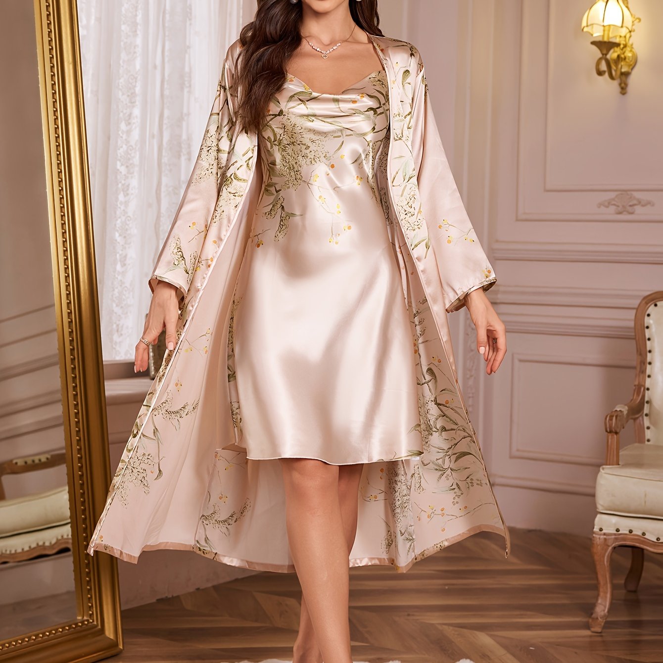 Vintage-inspired Elegant Cherry Blossom Print Women's Sleepwear Set