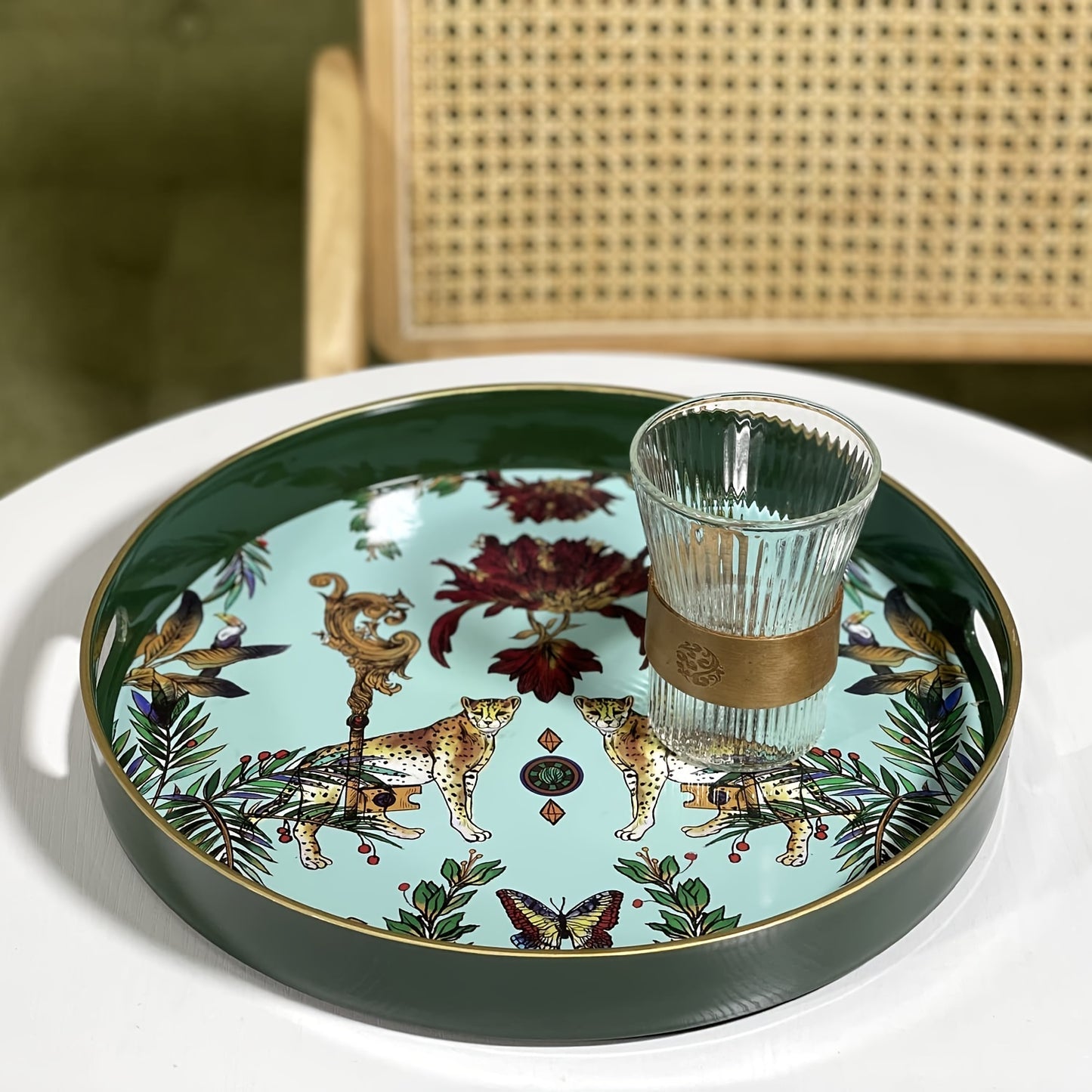 1pc Small Sculpture Decoration, Jungle Leopard Round Decorative Tray, Marbling Plastic Tray With Handles, Modern Vanity Tray And Serving Tray For Ottoman, Coffee Table, Kitchen And Bathroom, 13"