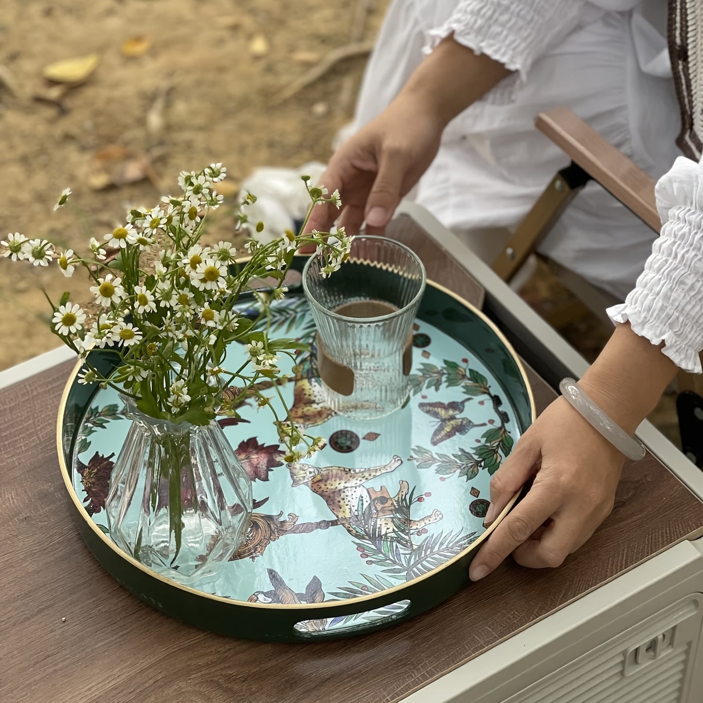 1pc Small Sculpture Decoration, Jungle Leopard Round Decorative Tray, Marbling Plastic Tray With Handles, Modern Vanity Tray And Serving Tray For Ottoman, Coffee Table, Kitchen And Bathroom, 13"