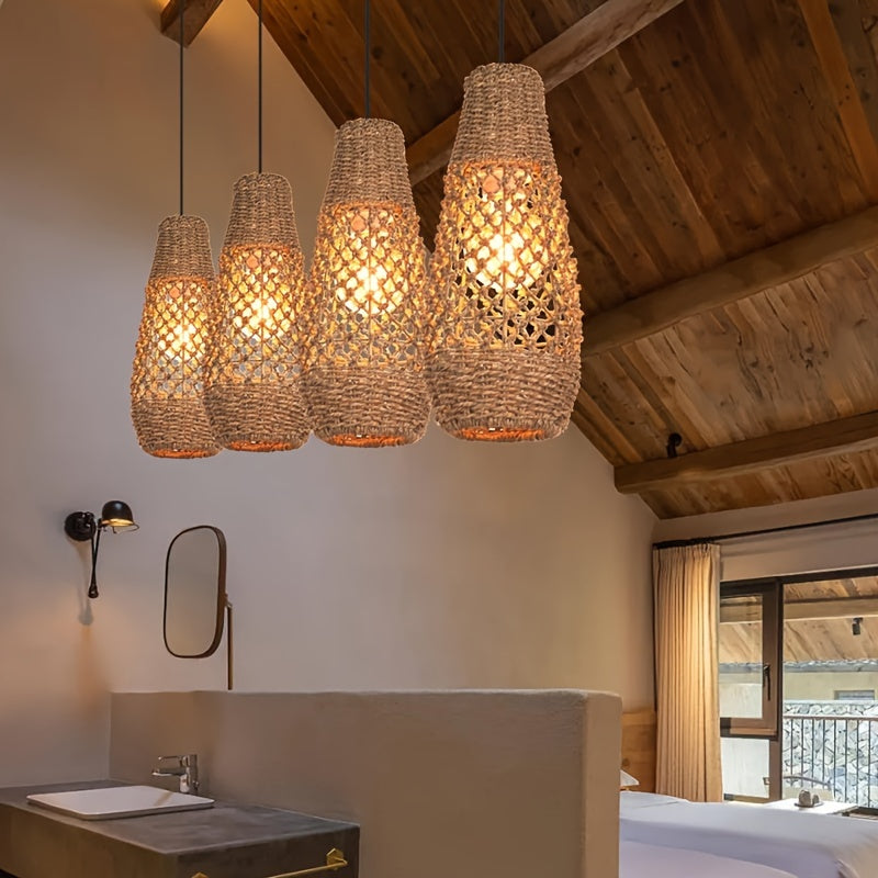 1pc Boho Rattan Hanging Light, Mini Farmhouse Natural Chandelier, Kitchen Island Vintage Wicker Hanging Light