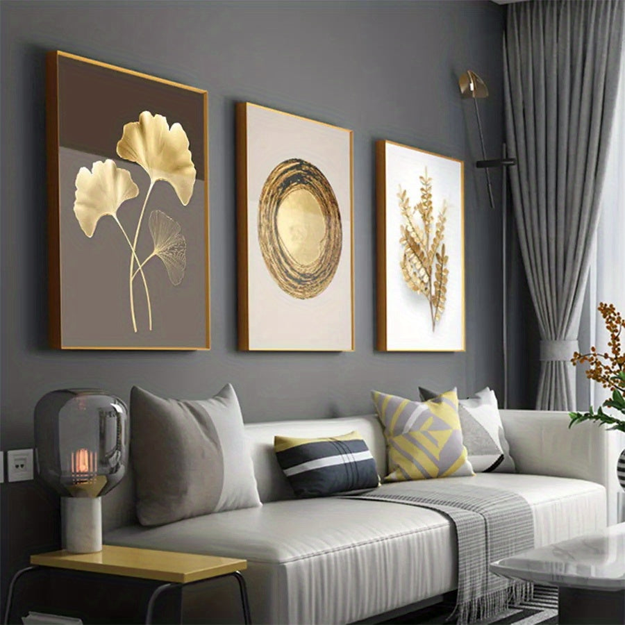 3pcs Modern Luxury Circle Golden Leaf Wall Art, Printed Canvas Decorative Picture, Poster For Living Room Bedroom Office Decor, Home Decor Gift, No Frame