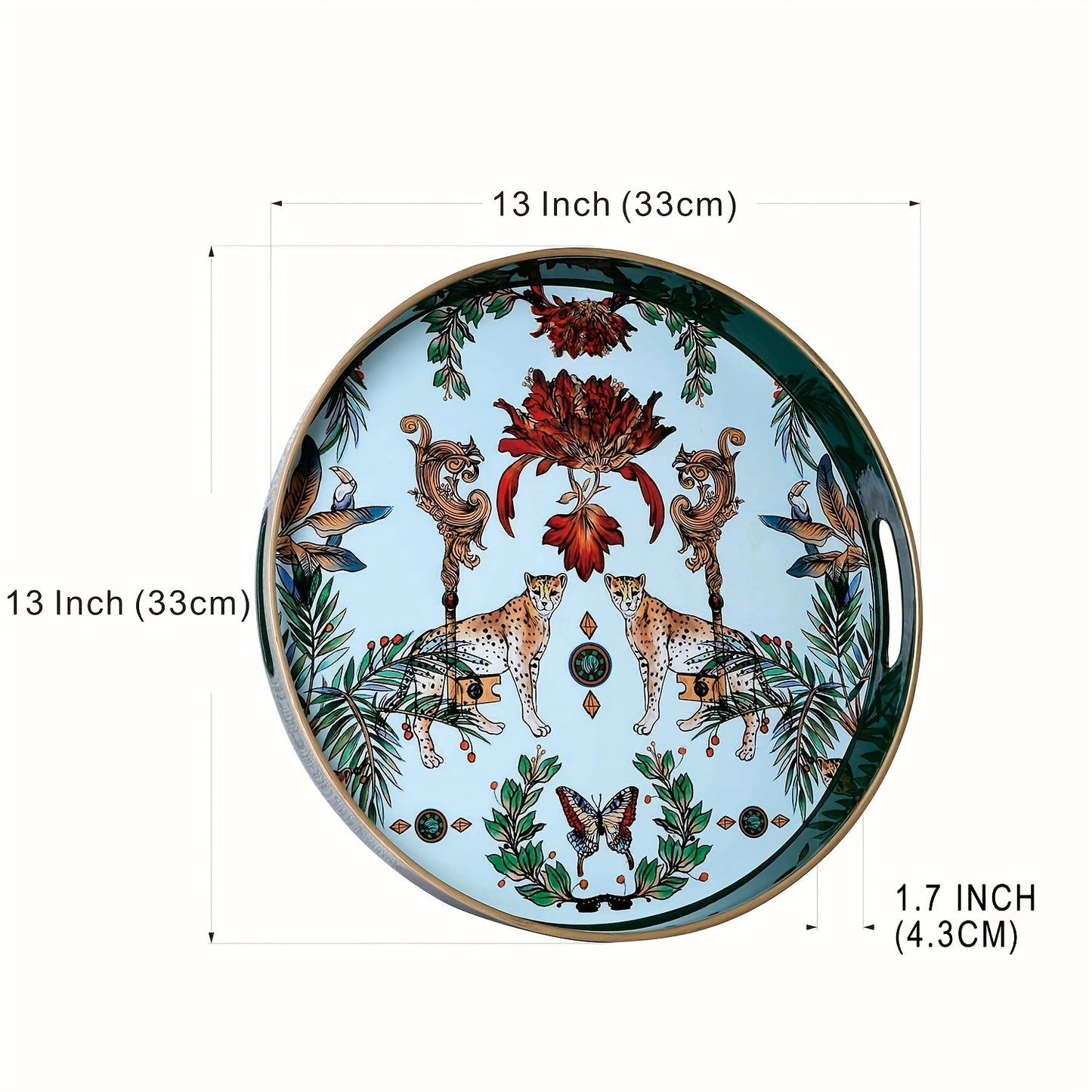 1pc Small Sculpture Decoration, Jungle Leopard Round Decorative Tray, Marbling Plastic Tray With Handles, Modern Vanity Tray And Serving Tray For Ottoman, Coffee Table, Kitchen And Bathroom, 13"