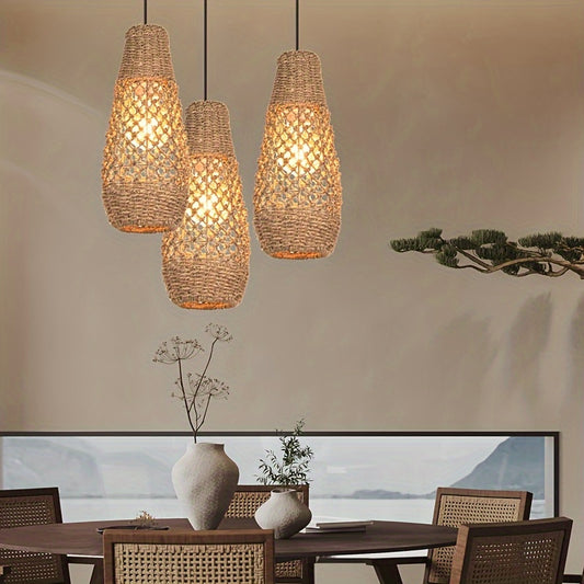 1pc Boho Rattan Hanging Light, Mini Farmhouse Natural Chandelier, Kitchen Island Vintage Wicker Hanging Light