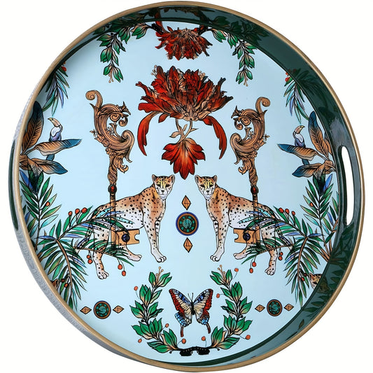 1pc Small Sculpture Decoration, Jungle Leopard Round Decorative Tray, Marbling Plastic Tray With Handles, Modern Vanity Tray And Serving Tray For Ottoman, Coffee Table, Kitchen And Bathroom, 13"