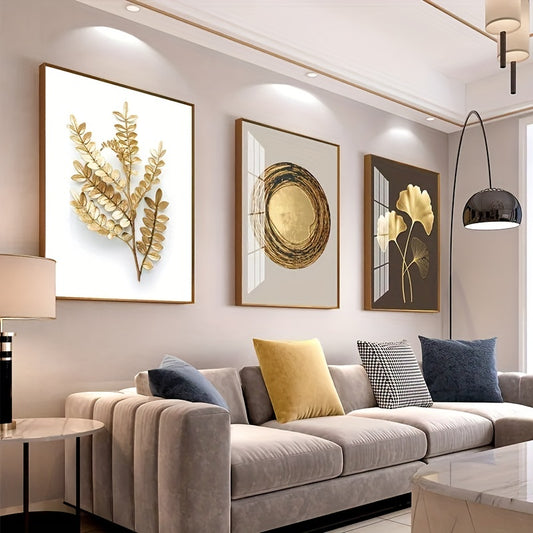 3pcs Modern Luxury Circle Golden Leaf Wall Art, Printed Canvas Decorative Picture, Poster For Living Room Bedroom Office Decor, Home Decor Gift, No Frame
