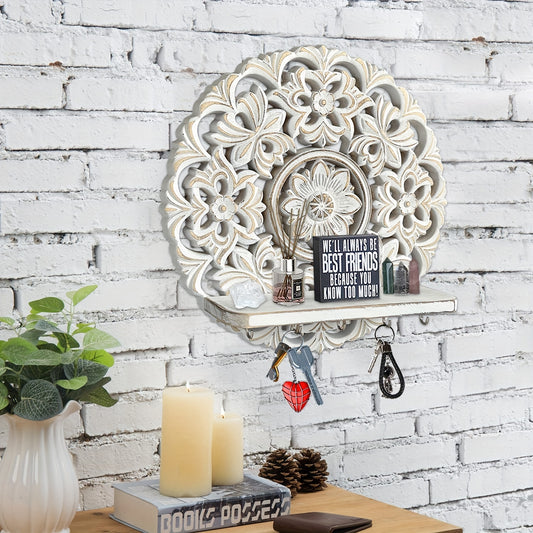 1pc Rustic Whitewashed Wood Wall Shelves with 5 Metal Hooks