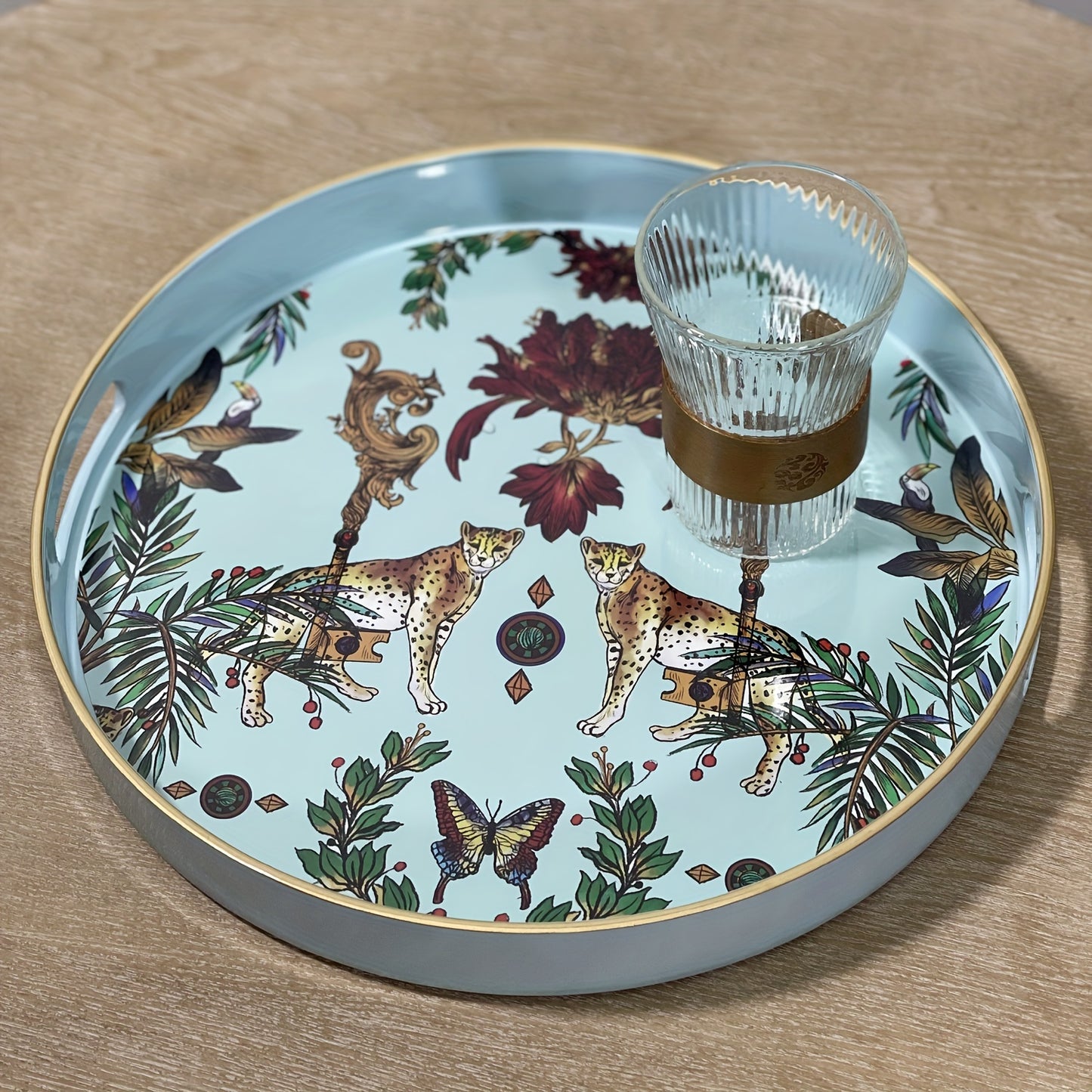 1pc Small Sculpture Decoration, Jungle Leopard Round Decorative Tray, Marbling Plastic Tray With Handles, Modern Vanity Tray And Serving Tray For Ottoman, Coffee Table, Kitchen And Bathroom, 13"