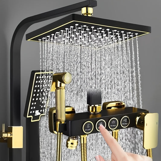 Luxury Black & Golden Shower System - 8'' Rainfall Head, Handheld Spray, 4-Function Tub Faucet