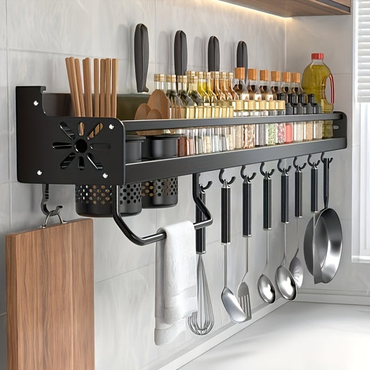 1pc Kitchen Wall-mounted Spice Storage Rack with Hooks, Hanging Tableware & Utensil Holders
