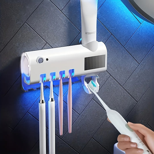 1pc Wall-Mounted Toothbrush Holder with 4 Slots, Smart Toothpaste Dispenser