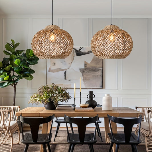 Handcrafted Boho Rattan Hanging Light - Exquisitely Braided Natural Material, Vintage-Inspired Ceiling Fixture, Perfect for Kitchen Island, Dining Room, Craft Room, and Farmhouse Decor
