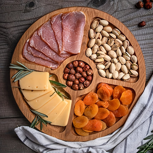 1pc, Wooden Plate Cheese Board, Five Grids Dividers Food Tray